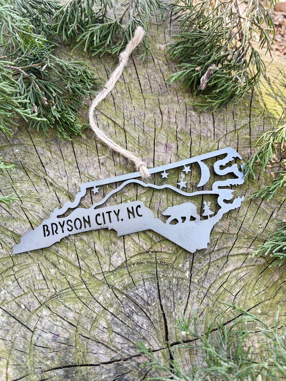 North Carolina State Bryson City Bear Mountain Scene Raw Steel Ornament