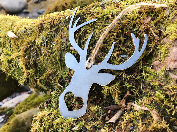 Deer Head Raw Steel Metal Ornament with Heart