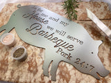 "As for me and my house we will serve Barbeque Pork 24:7" Raw Steel BBQ Pig Metal Sign