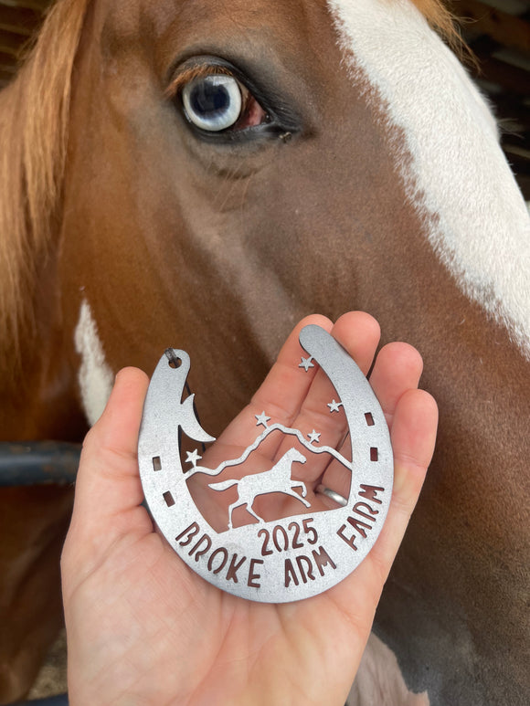 Horse Shoe Mountain Scene Customizable Heirloom Ornament Made from Raw Steel Barn Gift Pet Loss