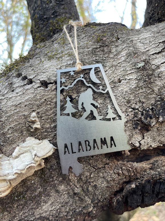 Alabama State Yeti Bigfoot Sasquatch Raw Steel Metal Ornament