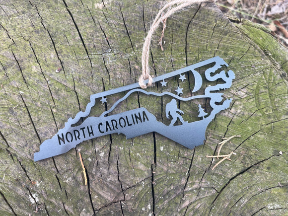 North Carolina State Yeti Bigfoot Mountain Scene Raw Steel Ornament