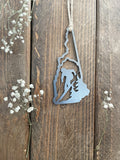 New Hampshire State Ski Metal Ornament made from Rustic Raw Steel