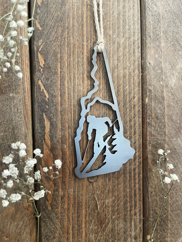 New Hampshire State Ski Metal Ornament made from Rustic Raw Steel