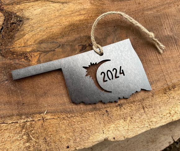 Oklahoma Eclipse Totality 2024 Commemorative Metal Ornament Made from Raw Steel Anniversary Gift Rustic Cabin Christmas