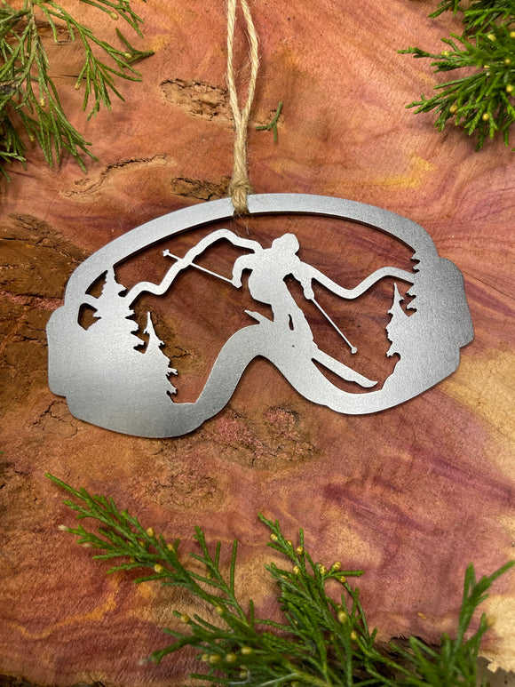 Ski Goggles Ornament made from Raw Steel