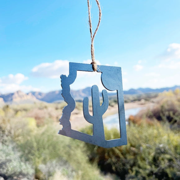 Arizona State Metal Ornament with Saguaro Cactus