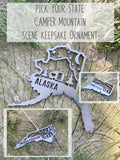 PICK YOUR State CAMPER Mountain Camping Scene Metal Ornament made from Raw Steel