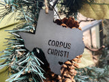 Texas State Metal Ornament with tiny heart over Corpus Christi