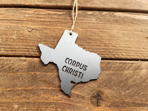 Texas State Metal Ornament with tiny heart over Corpus Christi