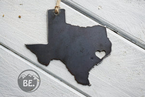 Texas State Metal Ornament with tiny heart over Houston