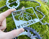 Wyoming State Mountain Bike Ornament made from Raw Steel