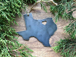 Texas State Metal Ornament with tiny heart over Dallas Fort Worth
